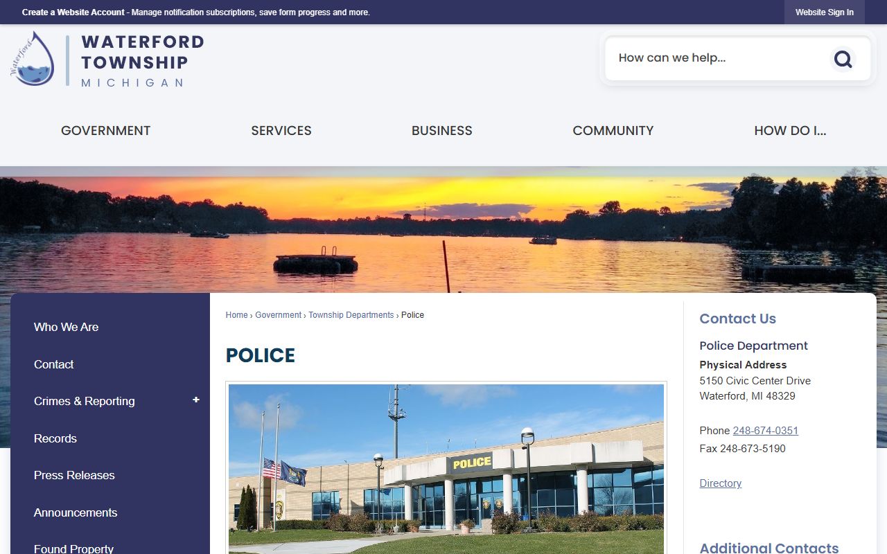 Waterford Police Department website for Waterford Township arrest records