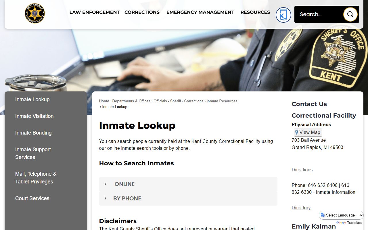 Kent County Sheriff inmate lookup page for Kent County arrest records