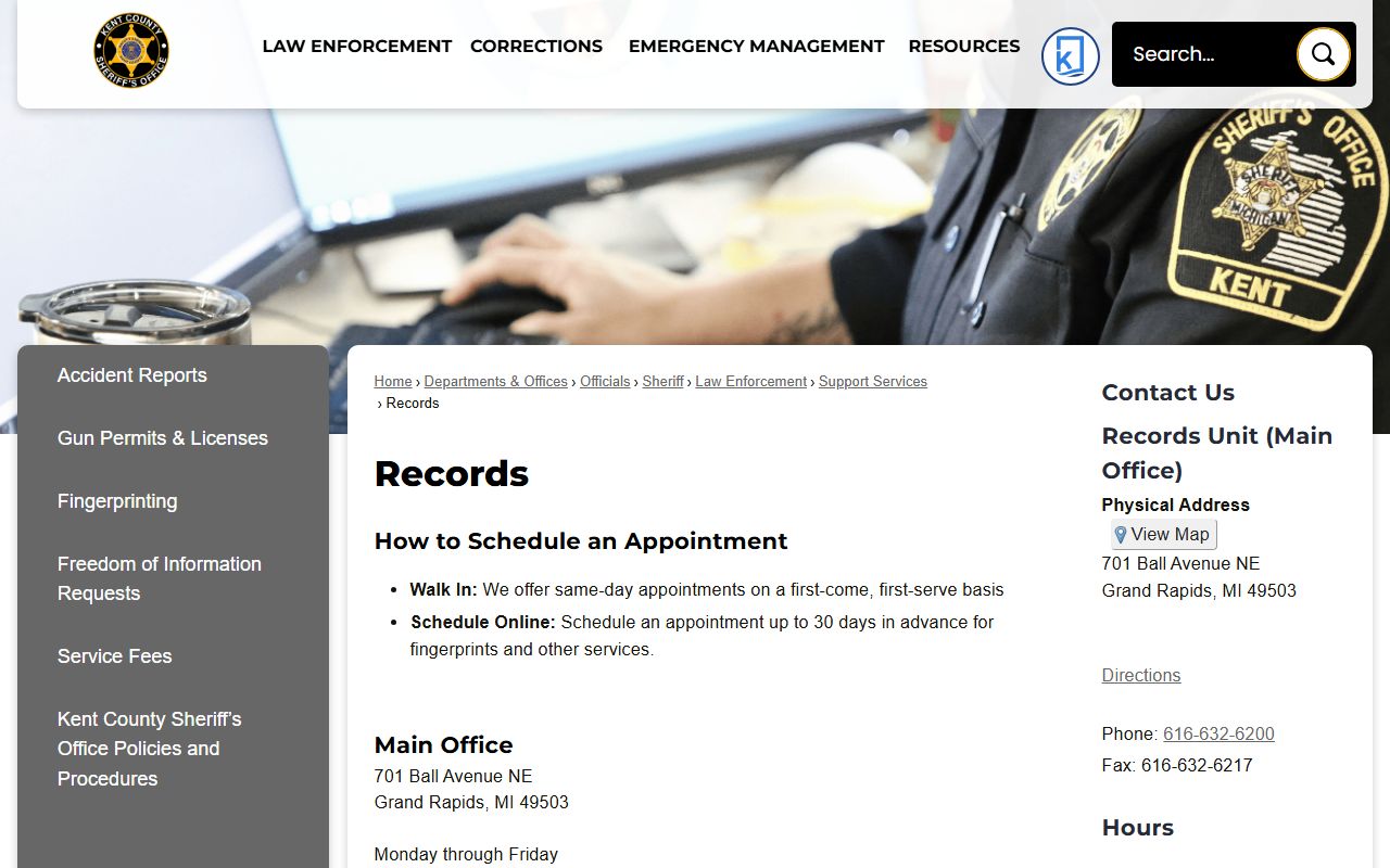 Kent County Sheriff Records page for Kent County arrest records