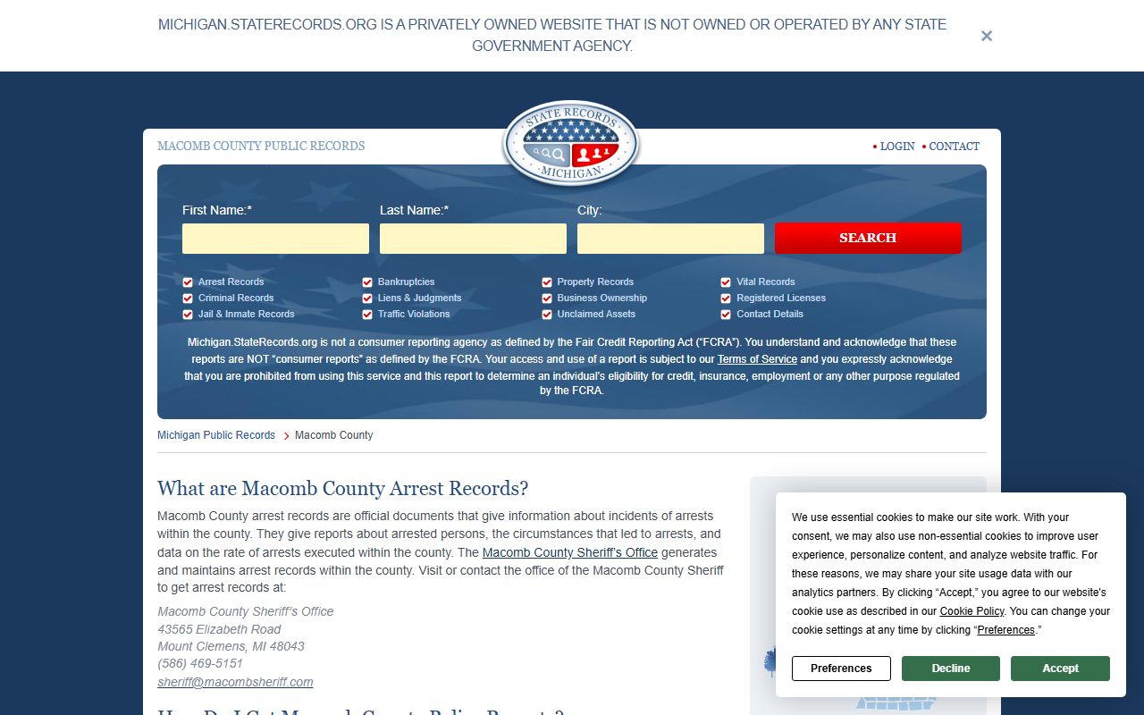 StateRecords Macomb County arrest records page