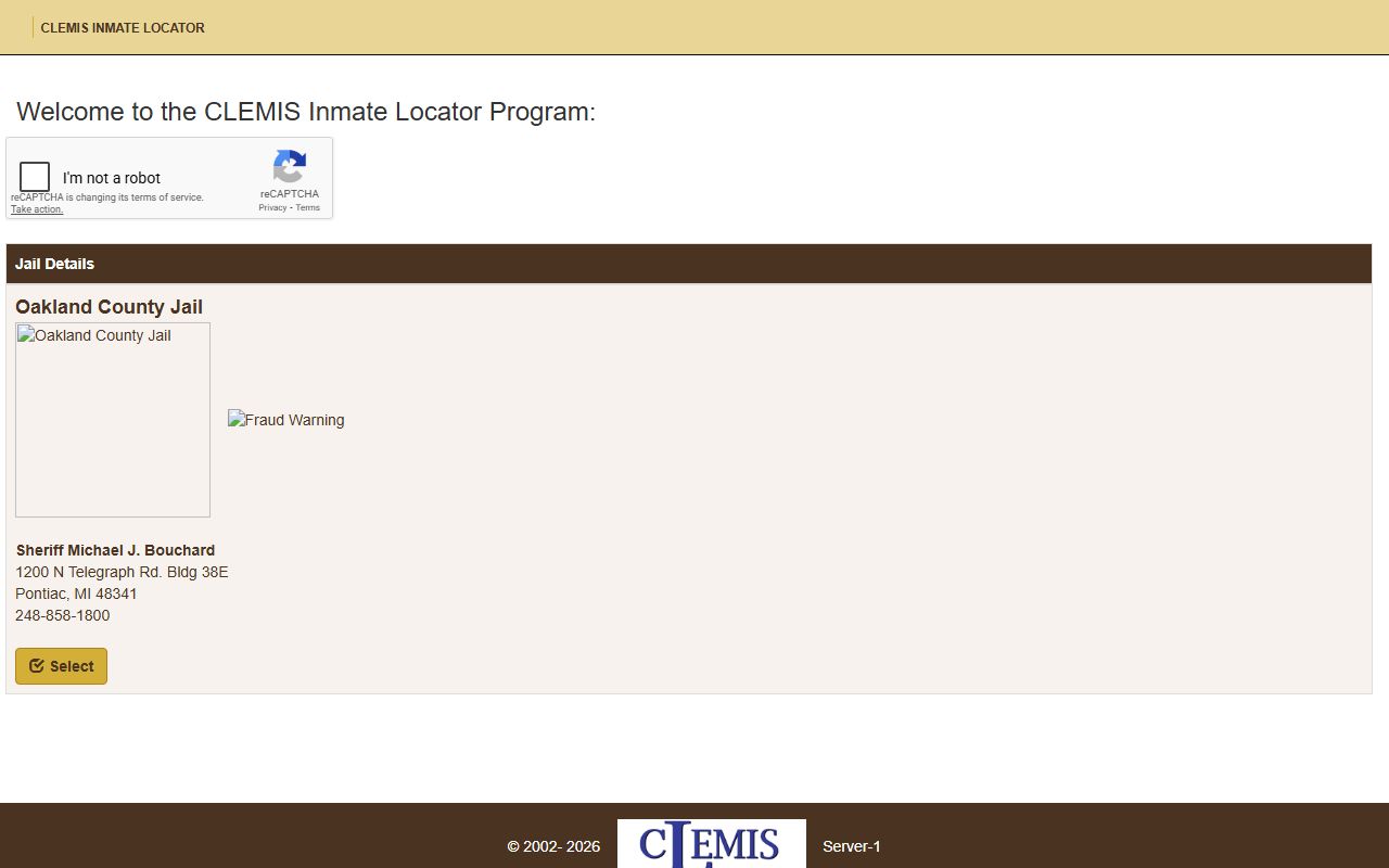 CLEMIS inmate locator entry page for Oakland County arrest records