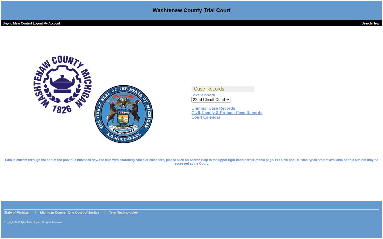 Washtenaw County trial court records search portal showing name and case number search fields