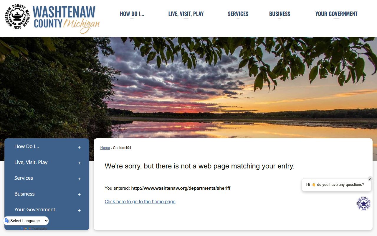 Washtenaw County Sheriff's Office webpage showing contact information and department services