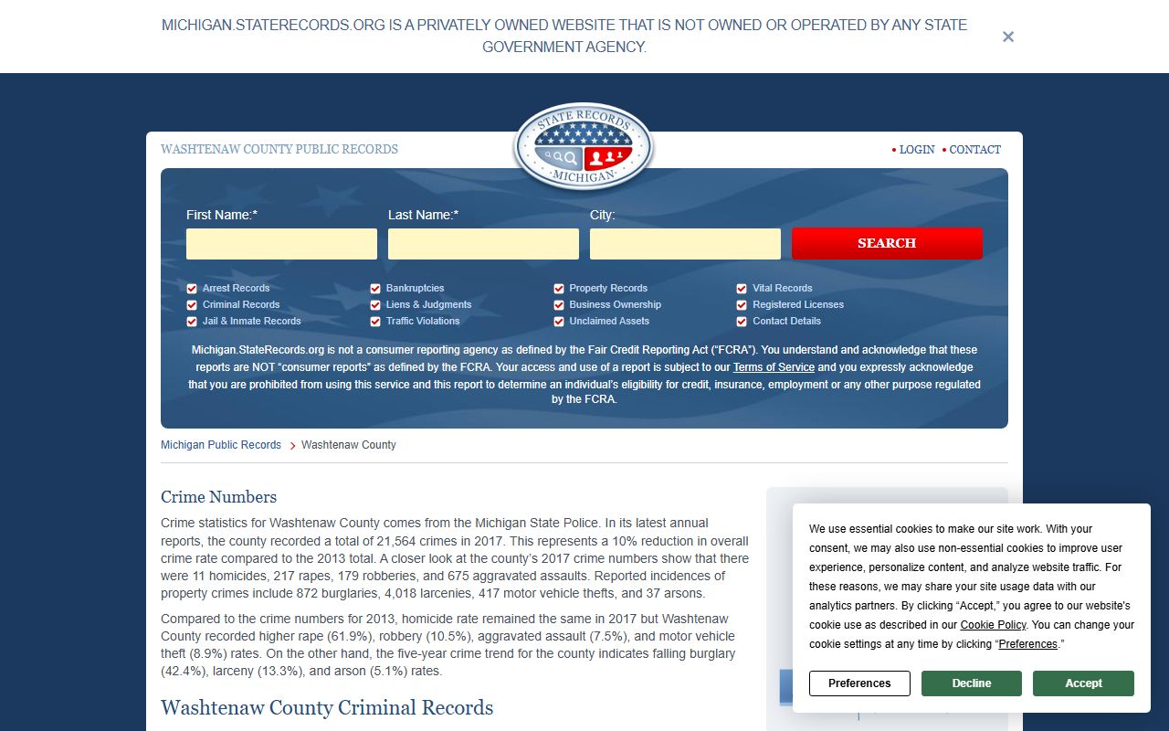 StateRecords Washtenaw County page showing public arrest and court records aggregator