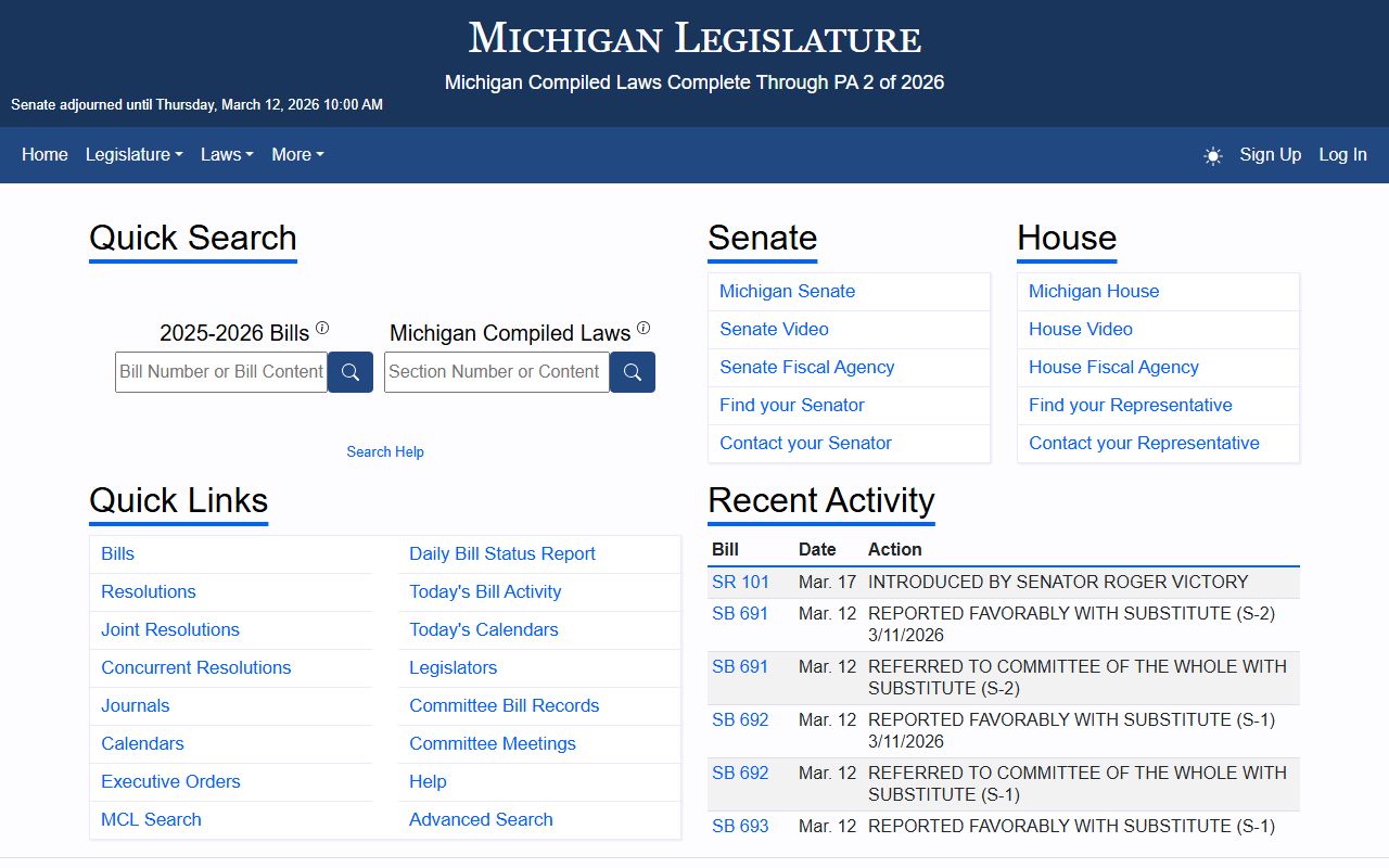 Michigan Legislature website for finding arrest record statutes and laws