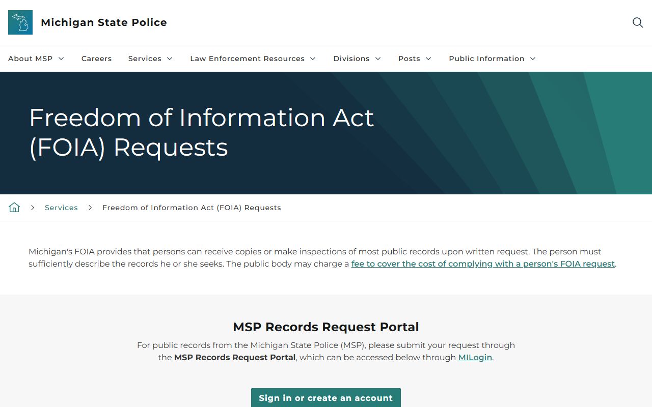 Michigan State Police FOIA portal for requesting Michigan arrest records