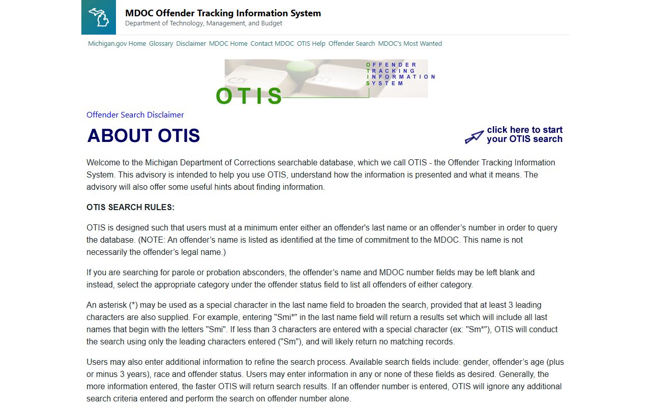 Michigan OTIS about page explaining arrest records database