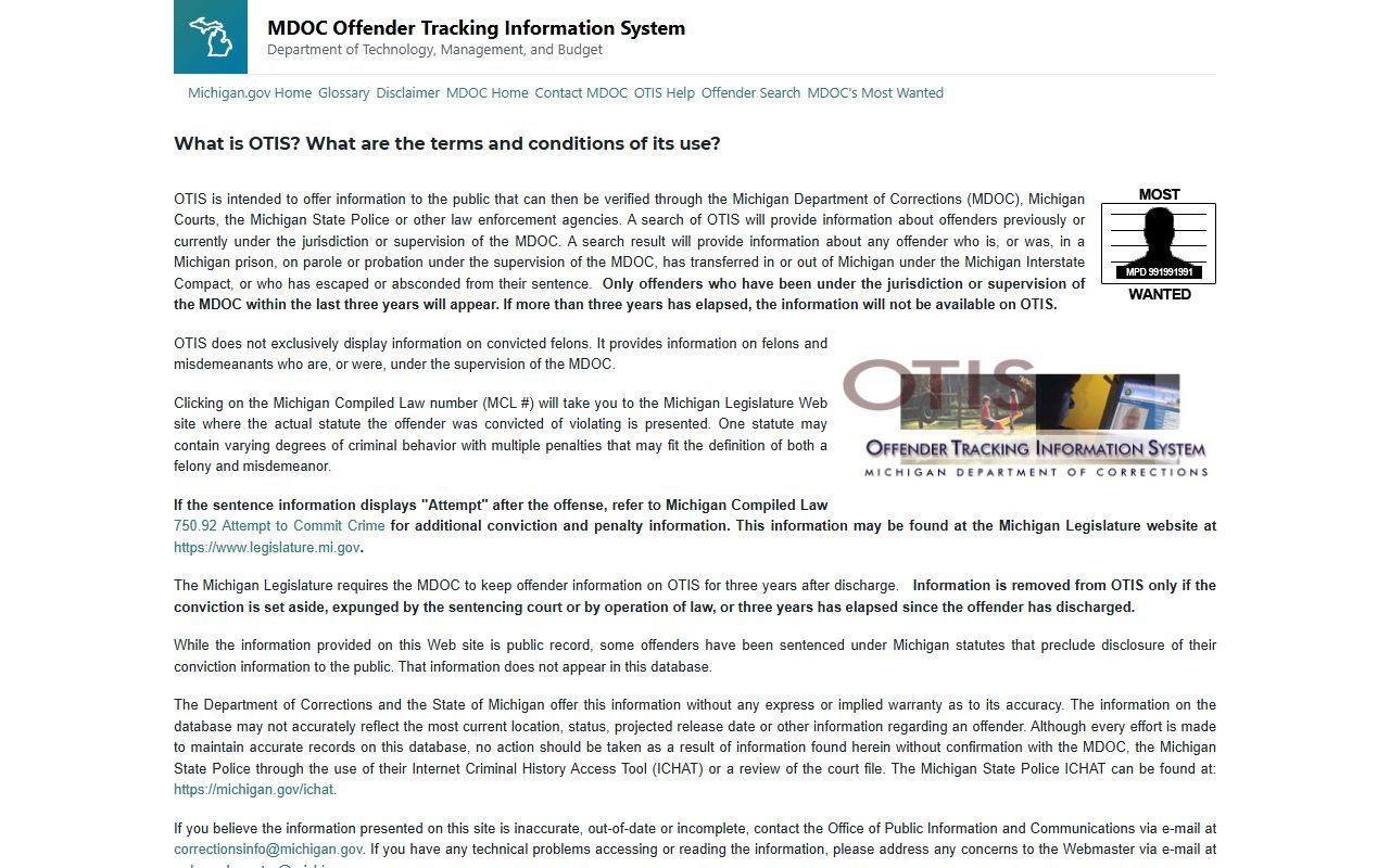 Michigan OTIS offender search portal for Michigan arrest records