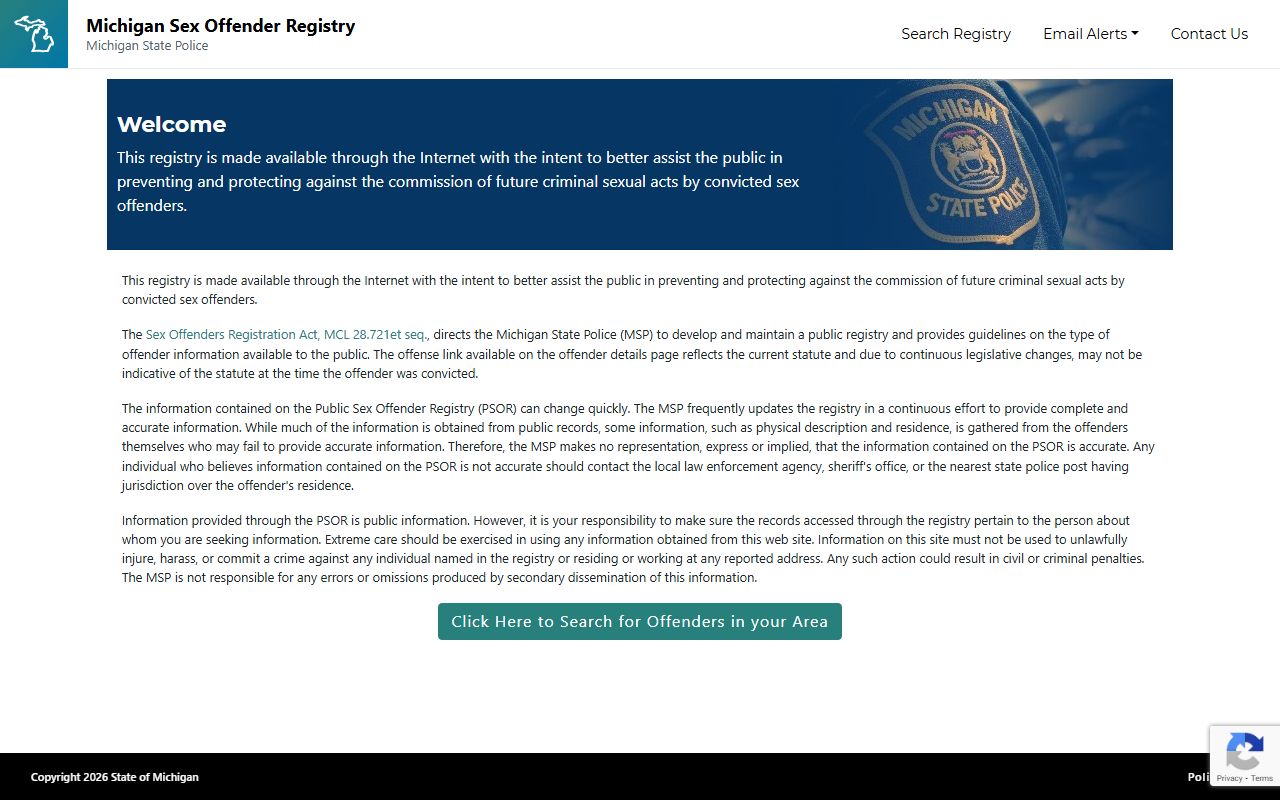 Michigan Public Sex Offender Registry homepage for Michigan arrest records search